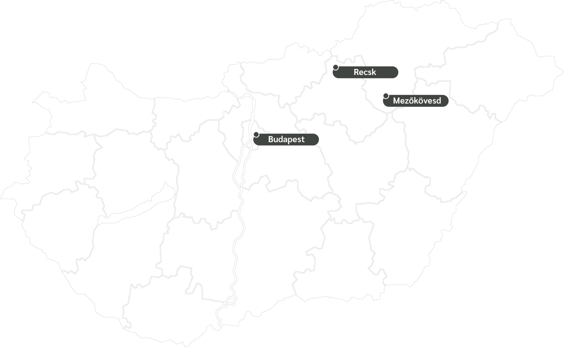 Telephelyeink a térképen: Budapest, Recsk és Mezőkövesd